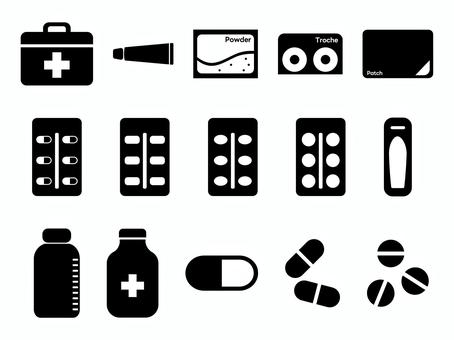 薬　シルエット 薬,軟膏,塗り薬,飲み薬,粉薬,トローチ,湿布,張り薬,カプセル,タブレットのイラスト素材