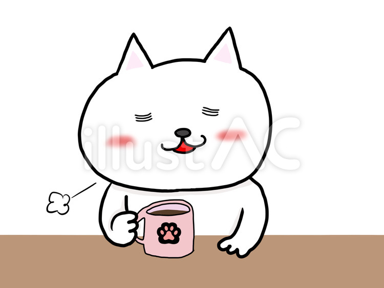 コーヒーを飲んでひと息する白猫 ネコ,手描き,かわいいのイラスト素材