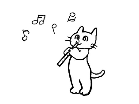 笛を吹く可愛い猫さんの演奏 猫,ニャンコ,笛,吹く,演奏,可愛い,楽しい,表情,愛らしい,手描きのイラスト素材