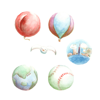 丸いモチーフの水彩画イラストのセット
