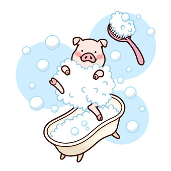 ブタとバスタブ ブタ,バスタブ,お風呂,泡,ブラシ,かわいいのイラスト素材