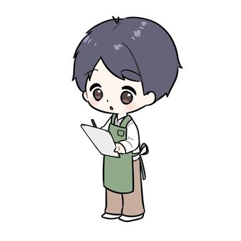 書き物をするショップ店員 エプロン,店員,仕事,パート,バイト,職業,書店店員,ショップ店員,男性,在庫管理のイラスト素材