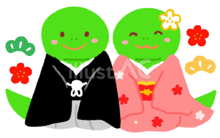 新年の挨拶をする着物姿の男女の蛇 蛇,年賀状,着物のイラスト素材