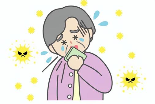 アレルギー物質と辛そうな症状のおばあさん 高齢女性,おばあさん,上半身,くしゃみ,涙目,ハンカチ,タオル,押さえる,花粉症,アレルギーのイラスト素材