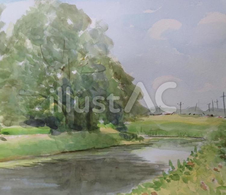 川のある風景 水彩画,風景,春のイラスト素材