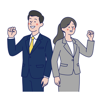 ガッツポーズのビジネス男女 男性,女性,スーツ,ビジネス,社会人,ガッツポーズ,営業,笑顔,やる気,応援のイラスト素材
