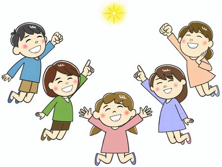 星に向かってジャンプする喜ぶ子供達 星,光,一等星,一番星,子供,小学生,男子,女子,喜び,微笑みのイラスト素材