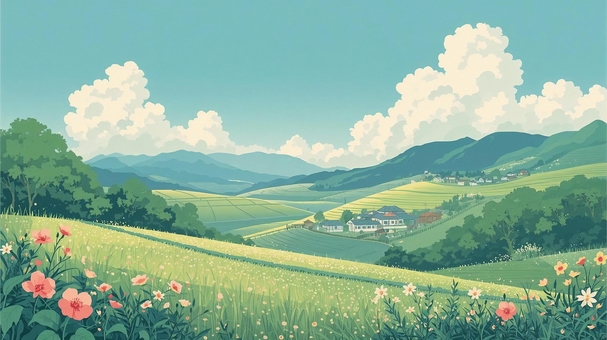 丘から見下ろすのどかな田園風景