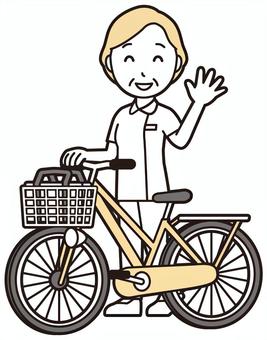  高齢看護師(黄)-494-全身 自転車,笑顔,プラチナナース,看護師,高齢,女性,老人,白衣,ナース,医療のイラスト素材