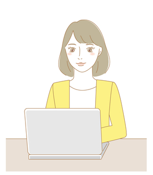 パソコンする女性（斜め） 女性,人物,パソコン,仕事,デスクワーク,在宅ワーク,カーディガン,大人,主婦,お母さんのイラスト素材