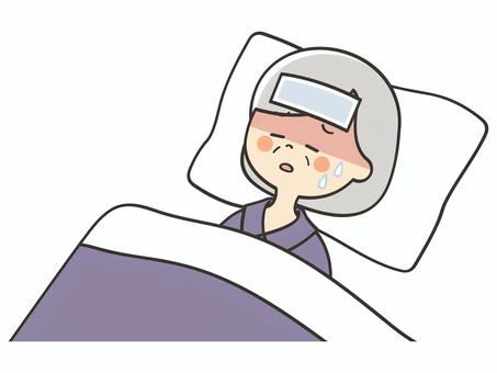 熱が出て休むおばあさん 熱,発熱,風邪,病気,寝込む,寝苦しい,うなされる,苦しい,しんどい,熱中症のイラスト素材