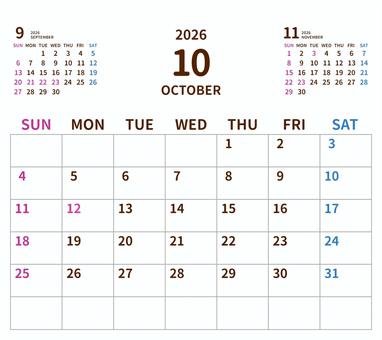 2026年シンプルカレンダー10月／卓上 2026年カレンダー,カレンダー,2026,令和8年,月間カレンダー,シンプル,透過,オリジナル,自作,かわいいのイラスト素材