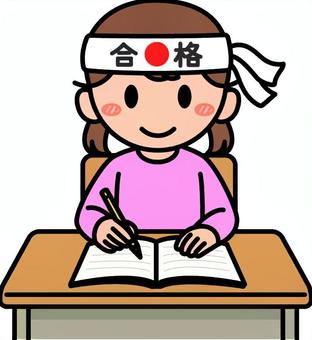 ピンクの女の子の受験生です。 子供,受験生,シンプル,勉強,机,ノート,問題集,小学生,緊張,鉢巻のイラスト素材