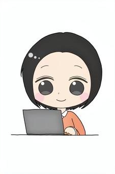 パソコンを使っている女性のイラスト 女性,主婦,学生,ネットサーフィン,テレワーク,インターネット,リモートワークのイラスト素材