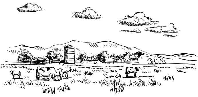 牧場　北海道 牧場,ファーム,牛,山,サイロ,景色,北海道,線画,スケッチ,手描きのイラスト素材