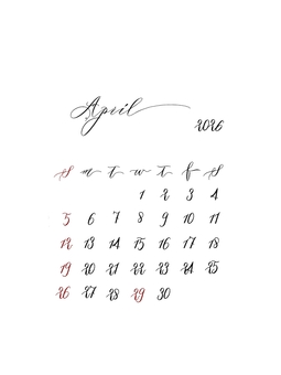 2026年4月のカレンダー カレンダー,2026,2026年,4月,シンプル,手書き文字,手描き,数字,おしゃれ,手帳のイラスト素材