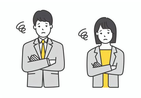 不満・困り顔の男女ビジネスパーソン 人物,女性,男性,ビジネスパーソン,考え込む,不満,不本意,心配,悩む,迷うのイラスト素材