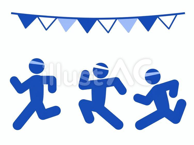 運動会などで徒競走で走る子供達（青） 運動会,体育祭,徒競走のイラスト素材