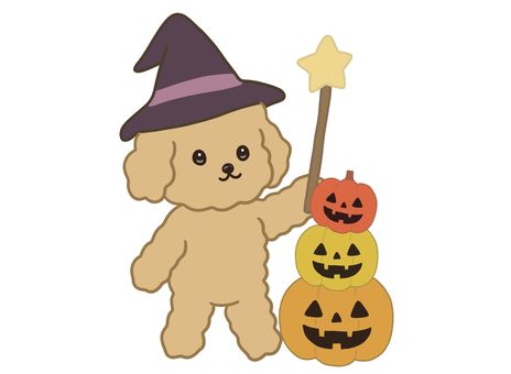 魔女のプードル茶とかぼちゃ 犬,いぬ,プードル,トイプードル,魔法使い,魔女帽子,魔法の杖,かぼちゃ,ジャックオーランタン,ハロウィンのイラスト素材