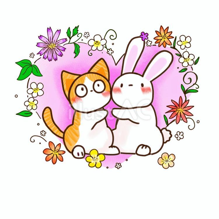 ねことうさぎのハートリース ねこ,うさぎ,ハートのイラスト素材