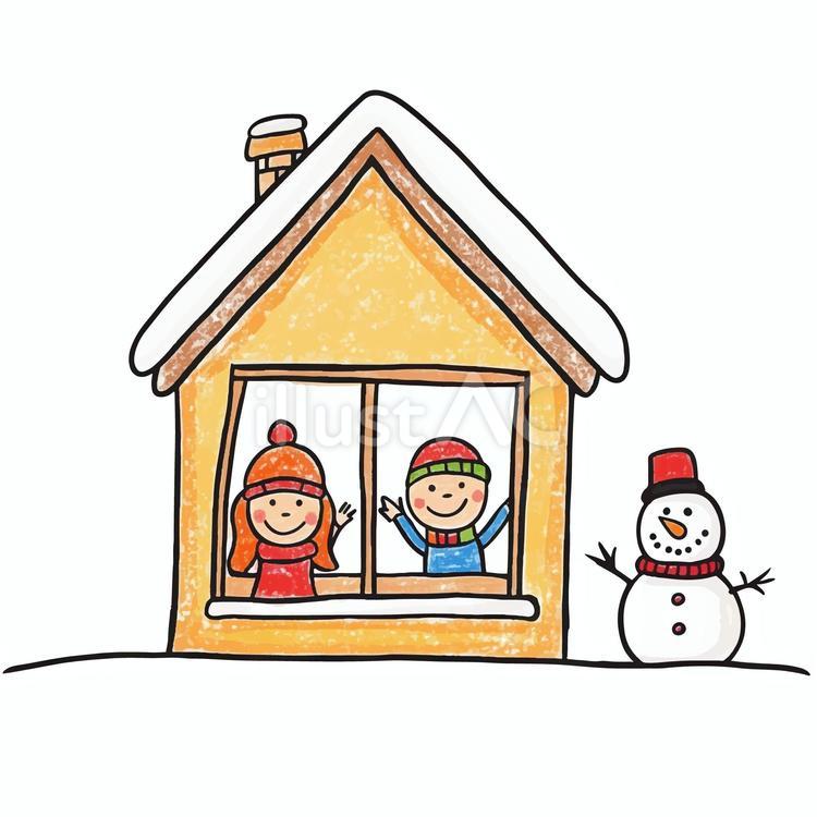 雪の日に家の窓から外を見る子どもたち13 雪,雪見,白銀のイラスト素材