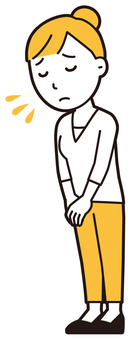 お団子主婦(黄)-431-全身  お団子主婦(黄)-431-全身 おじぎ,女性,主婦,ママ,長袖,シャツ,半端袖,お団子,アップヘア,母のイラスト素材