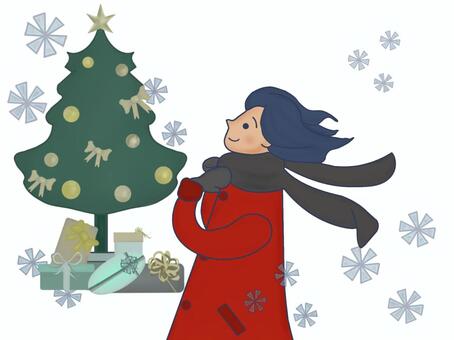 クリスマスの街を歩く女性2 クリスマス,クリスマスツリー,もみの木,女性,星,飾り,オーナメントボール,プレゼント,ボックス,ギフトのイラスト素材