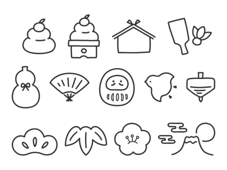 お正月 年賀状・正月アイコン ぬり絵  お正月,正月,年賀状,１月,手描き,富士山,日の出,だるま,元旦,元日のイラスト素材