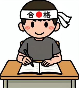 グレーの男の子の受験生です。 子供,受験生,シンプル,勉強,机,ノート,問題集,小学生,緊張,鉢巻のイラスト素材