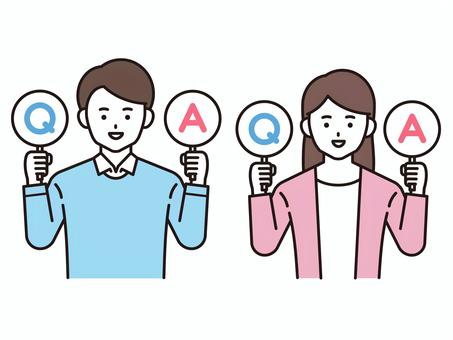 Q＆Aを持った私服姿の男女（カラー）  夫婦,男女,qa,クエスチョン,アンサー,質問,疑問,問題,答え,解答のイラスト素材