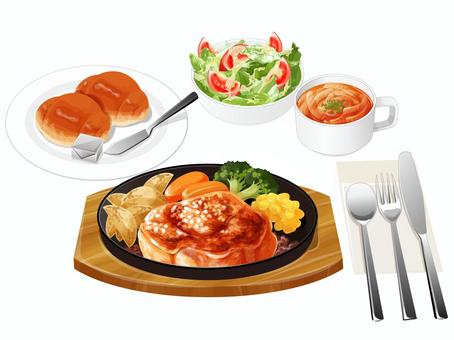 チキンステーキセット2 ステーキセット,チキンステーキ,ファミレス,料理,食べ物,ステーキ,オニオンスープ,サラダ,バターロール,バターのイラスト素材