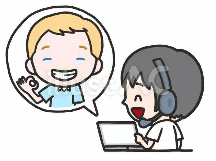 オンライン英会話を楽しむ男性と男性教師 オンライン英会話を楽しむ男性と男性教師 男性,手書き,手描きのイラスト素材