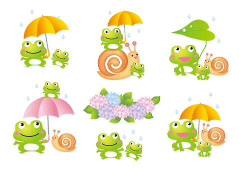Illustration, la temporada de lluvias, rana, caracol, 