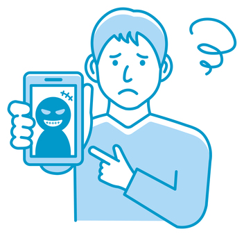 ネット詐欺・ハッキング 困る男性イラスト 詐欺,架空請求,悪人,男性,電話,スマートフォン,困る,人物,手持ち,スマホのイラスト素材