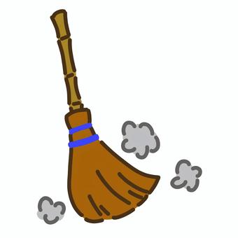 青色のヒモで縛られた竹製の柄のほうき３ ほうき,道具,掃除,竹,茶色,黄土色,埃,灰色,青のイラスト素材