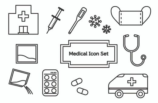 白いメディカルアイコンセット 医療,病院,薬,聴診器,アイコン,注射,セット,体温計,マスク,救急車のイラスト素材