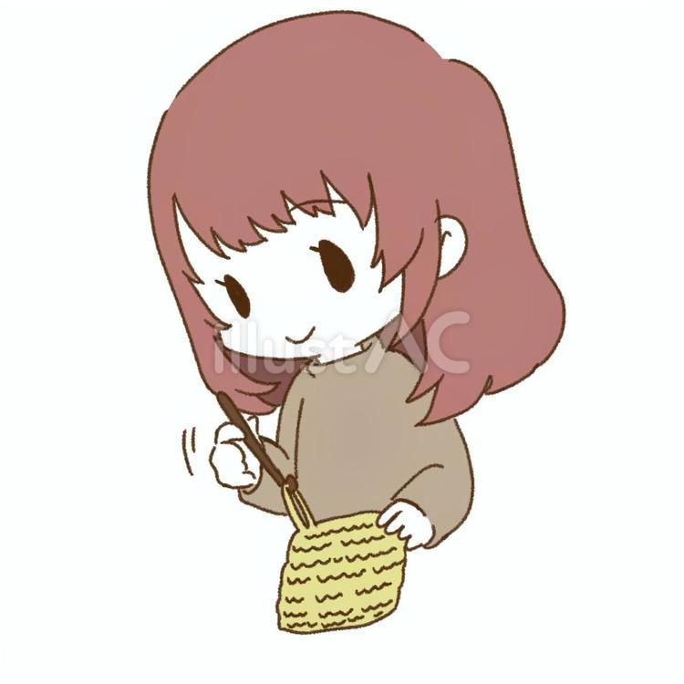 かぎ針で編み物をする女の子 デフォルメ,シンプル,透過のイラスト素材