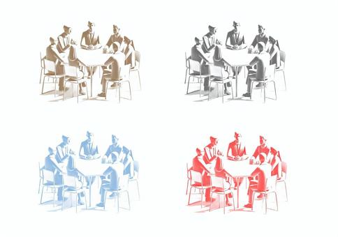 会議中のイラスト（4種）② デザイン,会議中,人,青,黒,赤,オレンジ,会議,ビジネス会議,打ち合わせのイラスト素材