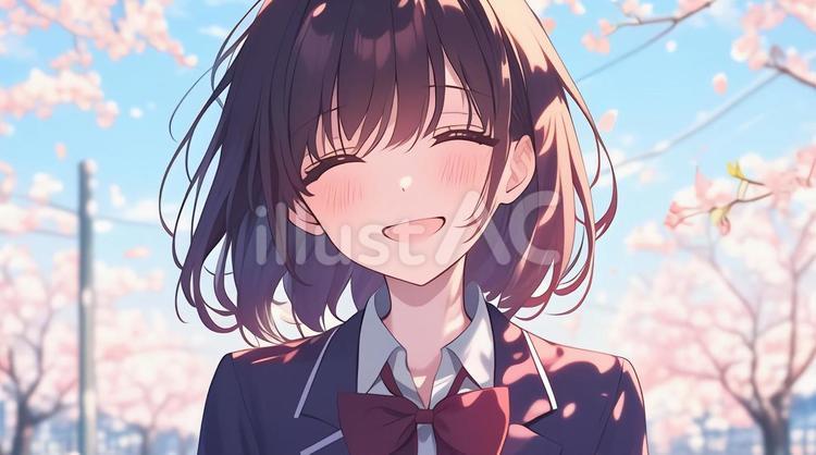 桜並木の前で微笑む少女 女の子,学生,アニメのイラスト素材