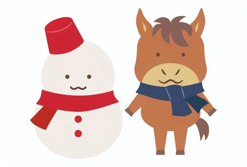 馬と雪だるま 馬,午年,年賀状素材,雪だるま,冬,干支,十二支,雪遊び,マフラー,全身のイラスト素材