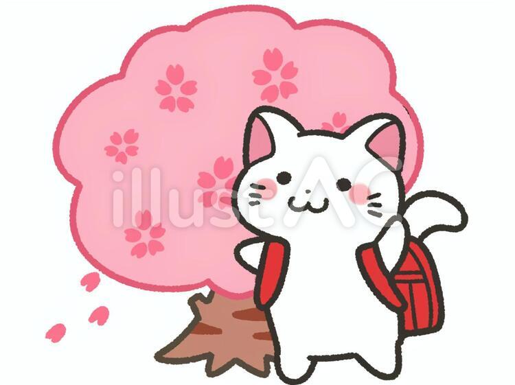 桜の木とランドセルを背負った猫 桜,春,猫のイラスト素材