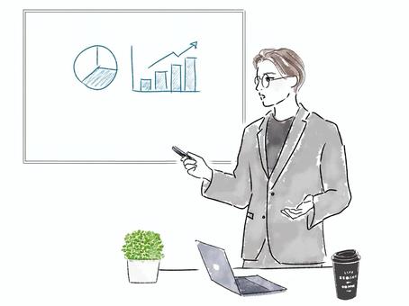 男性　プレゼン　スーツ　グラフ　PC　 男性,プレゼン,グラフ,pc,スーツ,めがね,会議,講義,仕事,ミーティングのイラスト素材
