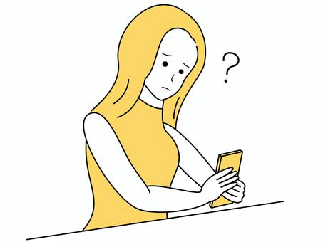スマホの操作で悩む女性 黃 橙 スマホの操作で悩む女性 黃 橙 女性,スマホ,スマートフォン,はてな,sns,メッセージ,携帯,操作,混乱,困惑のイラスト素材