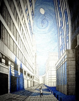 白天建築街道白色氣球和女孩, JPG 白天建築街道白色氣球和女孩, 建築, 都會, 天空, JPG
