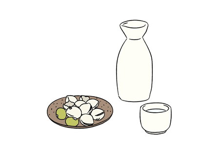 炒り銀杏とお酒 炒り銀杏,銀杏,とっくり,おちょこ,日本酒,肴,おつまみ,居酒屋メニュー,お酒のイラスト素材