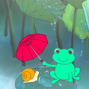 【短文カード】「か」の言葉② カエル,傘,かたつむり,池,言語聴覚療法,絵カード,構音,情景画のイラスト素材