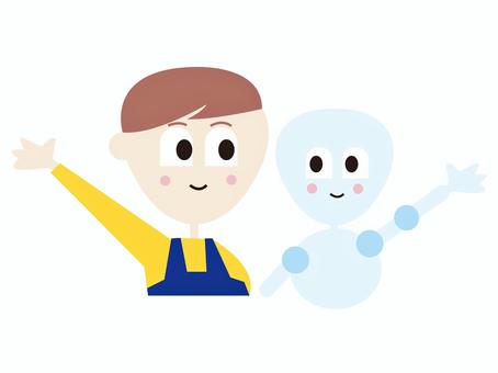 ロボットと人 子ども,子供,こども,ロボット,ロボ,機械,ai,相棒,友だち,未来のイラスト素材