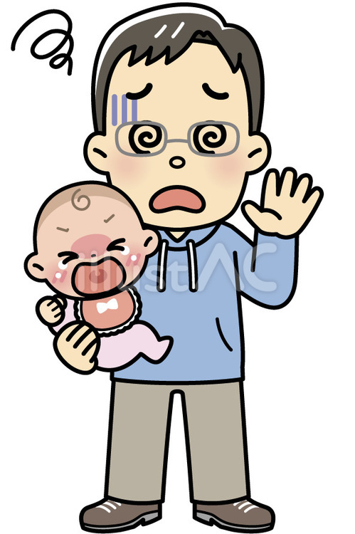 目を回す赤ちゃんとお父さん 困る,めまい,若者のイラスト素材