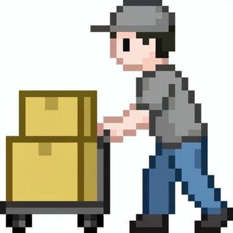 ドット絵の台車を使うグレーの作業員です。 ドット絵,作業員,シンプル,段ボール,台車,配送,運搬,荷物,引っ越し,倉庫のイラスト素材