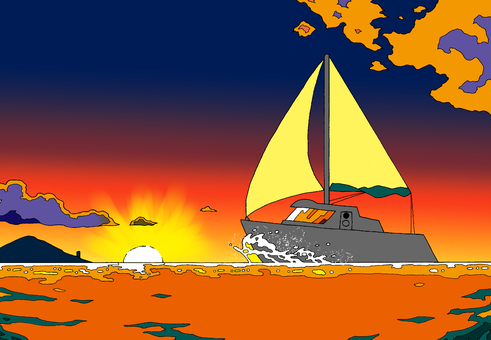 夕焼け　ヨット　イラスト 風景,海,ヨット,夕日,オレンジ色,遠い,島のイラスト素材